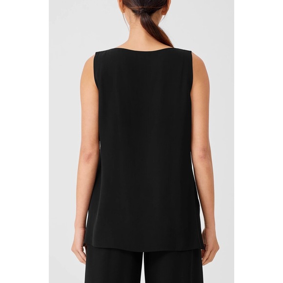 Eileen Fisher Silk Georgette Crepe Ballet Neck Tank Easy Fit Long Length Black M - Picture 3 of 10